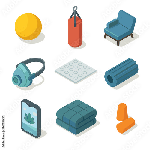 Coping Mechanism Tools. Isometric Flat icon set of coping mechanism tools: stress ball, punching bag, therapy couch, breathing