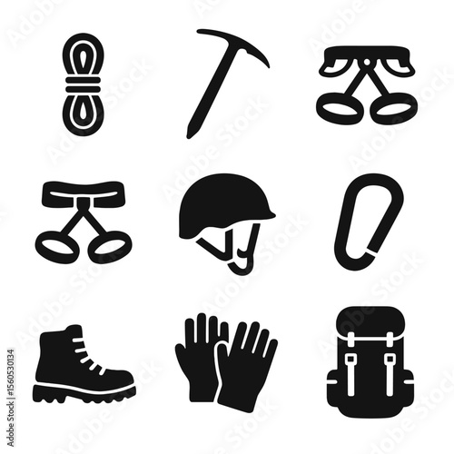 Climbing Gear Icons. Solid, filled icon set of mountain climbing gear: climbing rope, ice axe, crampons, helmet, harness,