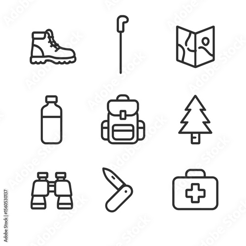 Forest Walk Essentials Icons. Outline icon set of forest walk essentials: hiking boots, walking stick, trail map, water bottle,