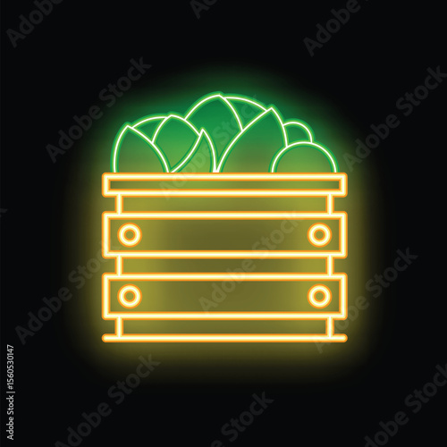 Neon sign depicting a wooden crate overflowing with fresh produce, ideal for businesses involved in agriculture, farming, or healthy eating