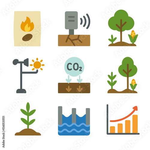 Climate-Smart Agriculture Icons. Flat icon set of climate-smart agriculture: heat-tolerant seed packet, drought sensor,
