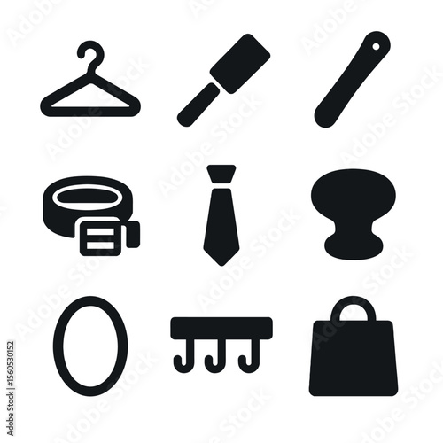 Closet Accessories Icons. Solid, filled icon set of closet accessories and tools: hanger, lint roller, shoehorn, belt, tie, drawer