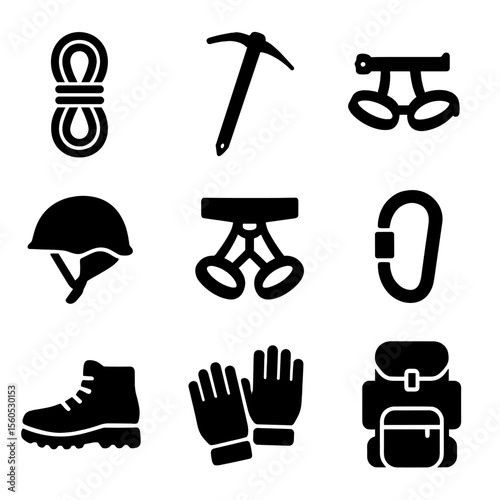 Climbing Gear Icons. Solid, filled icon set of mountain climbing gear: climbing rope, ice axe, crampons, helmet, harness,