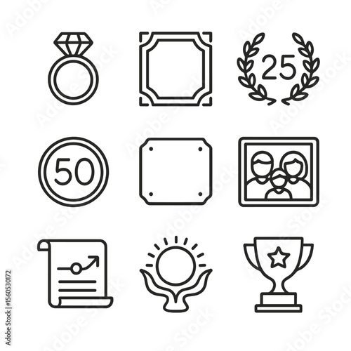 Milestone Anniversary Icons. Outline icon set of milestone anniversary: diamond ring, golden frame, 25th silver ornament, 50th
