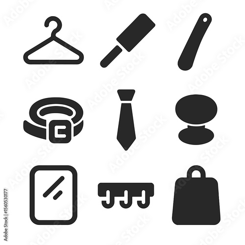 Closet Accessories Icons. Solid, filled icon set of closet accessories and tools: hanger, lint roller, shoehorn, belt, tie, drawer