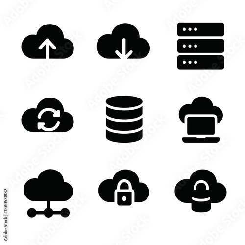 Cloud Computing Icons. Solid, filled icon set of cloud computing and storage: cloud upload, cloud download, server rack, data