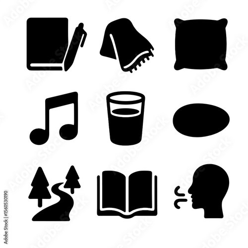 Coping Strategies Icons. Solid, filled icon set of coping strategies: journal with pen, comfort blanket, soft pillow, calming
