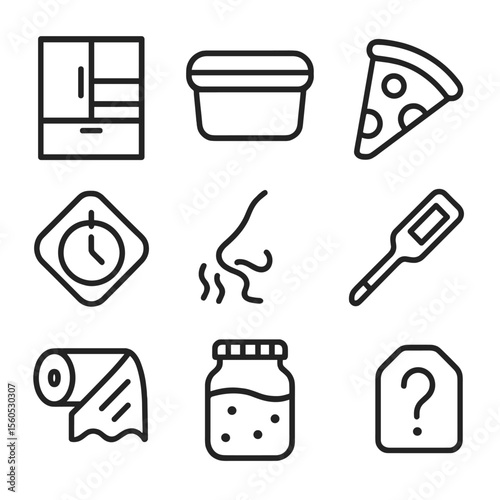 Fridge Check Icons. Outline icon set of fridge leftover check: open refrigerator, Tupperware container, leftover pizza slice,