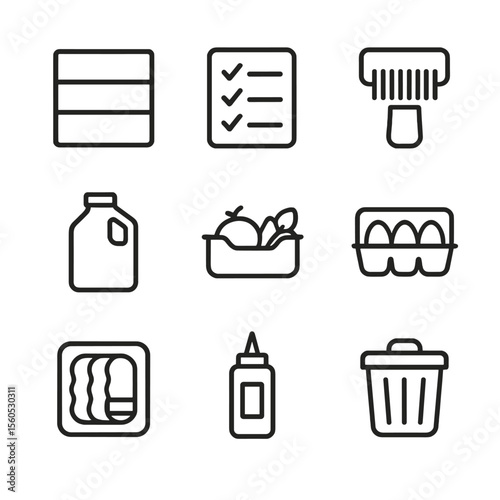 Fridge Inventory Icons. Outline icon set of weekly fridge inventory: shelf diagram, notepad checklist, barcode scanner, milk jug,