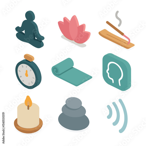 Mindfulness Icon Set. Isometric Flat icon set of meditation and mindfulness discipline: meditation pose silhouette, lotus flower,