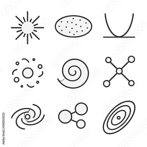 Cosmology Icon Set. Outline icon set of cosmology and origin: Big Bang burst, cosmic microwave background map, inflation field,