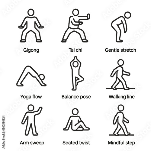 Mindful Movement Icons. Outline icon set of mindful movement practices: qigong stance, tai chi form, gentle stretch, yoga flow,