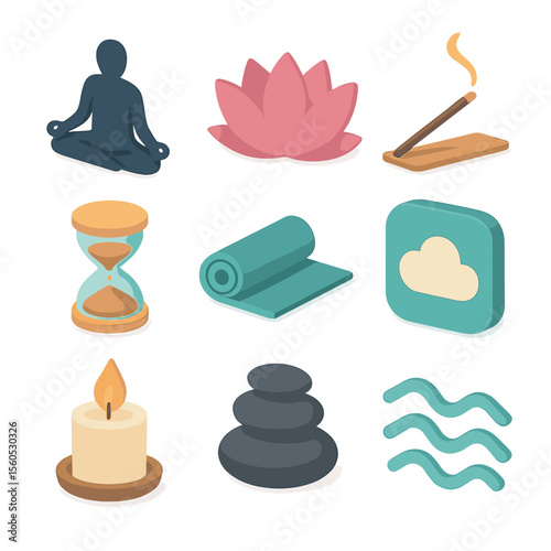 Mindfulness Icon Set. Isometric Flat icon set of meditation and mindfulness discipline: meditation pose silhouette, lotus flower,