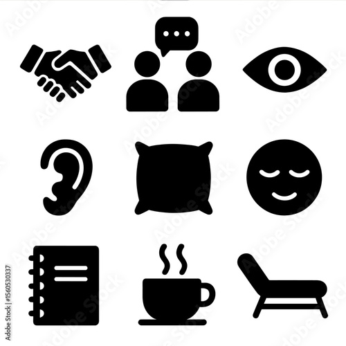 Counseling Icons Grid. Solid, filled icon set of counselor and client interaction: handshake, conversation, eye contact, listening