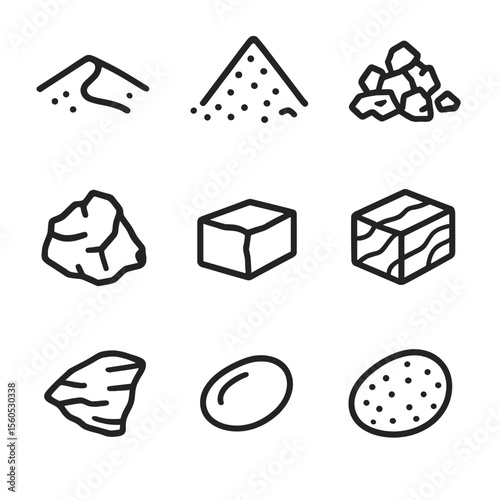 Mineral Aggregate Icons. Outline icon set of mineral aggregates: sand dune, gravel heap, crushed stone, limestone chunk, granite