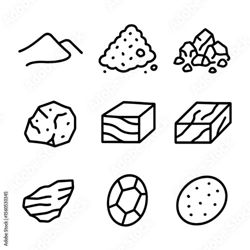 Mineral Aggregate Icons. Outline icon set of mineral aggregates: sand dune, gravel heap, crushed stone, limestone chunk, granite