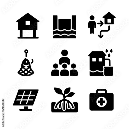 Coastal Adaptation Icons. Solid, filled icon set of coastal community adaptation: raised house, flood gate, evacuation plan,