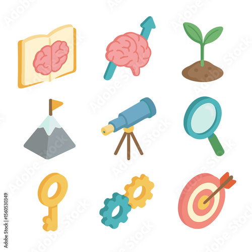 Mindset Icon Set. Isometric Flat icon set of mindset and growth books: open book with brain emblem, brain with upward arrow, seed