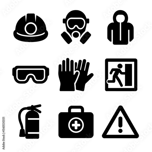Coal Industry Safety Icons. Solid, filled icon set of coal industry workers and safety: miner helmet, gas mask, protective suit,