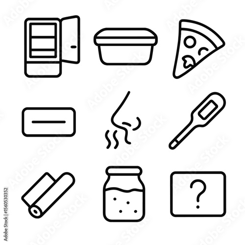 Fridge Leftover Icons. Outline icon set of fridge leftover check: open refrigerator, Tupperware container, leftover pizza slice,