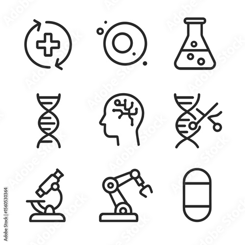 Future Tech Icons. Outline icon set of revival research and future tech: cellular regeneration, stem cell, laboratory flask, DNA