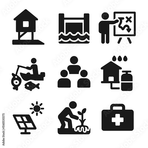 Coastal Adaptation Icons. Solid, filled icon set of coastal community adaptation: raised house, flood gate, evacuation plan,
