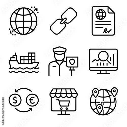 Future Trade Icons. Outline icon set of The future of global trade in a digital economy: digital globe, blockchain link, online