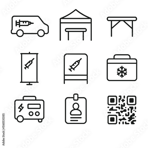 Mobile Clinic Icon Set. Outline icon set of mobile vaccination clinic signs: mobile van silhouette, pop-up tent, foldable table,