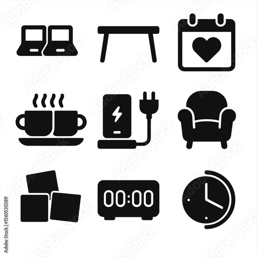 Couple's Workspace Icons. Solid, filled icon set of couple's home workspace: laptop pair, shared desk, calendar with heart, coffee