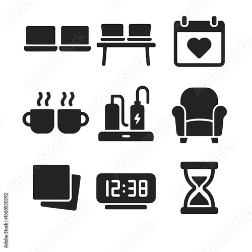 Couple's Workspace Icons. Solid, filled icon set of couple's home workspace: laptop pair, shared desk, calendar with heart, coffee