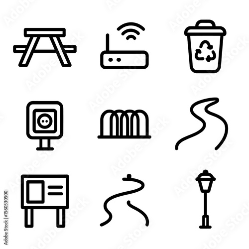 Coworking Park Icons. Solid, filled icon set of coworking park facilities: picnic table, wifi router, recycling bin, trash can,
