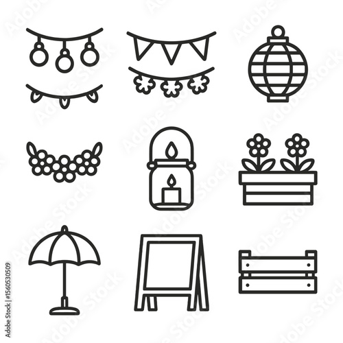 Garden Party Icon Set. Outline icon set of garden party decor: string lights, bunting flag, paper lantern, flower garland, candle