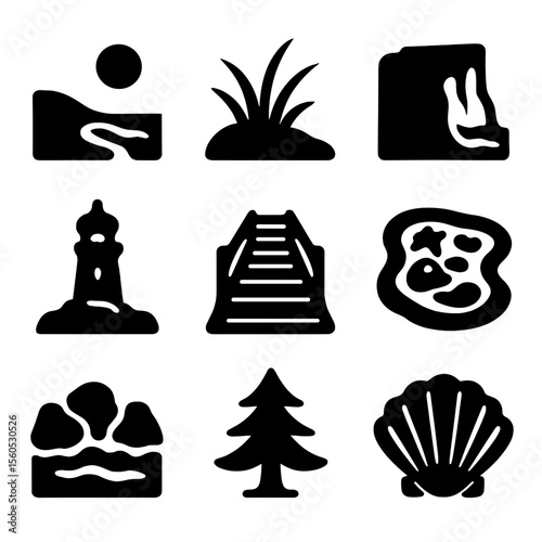 Coastal Icon Grid. Solid, Filled icon set of coastal landscapes: sandy beach, dune grass, cliff face, lighthouse, boardwalk, tide