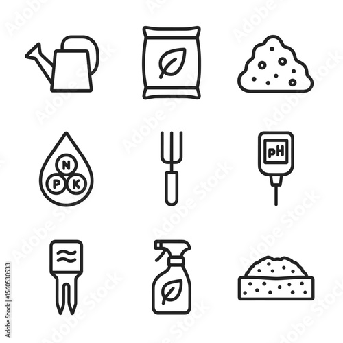 Gardening Tools Icons. Outline icon set of watering and nutrition: watering can, fertilizer bag, compost pile, nutrient droplet,