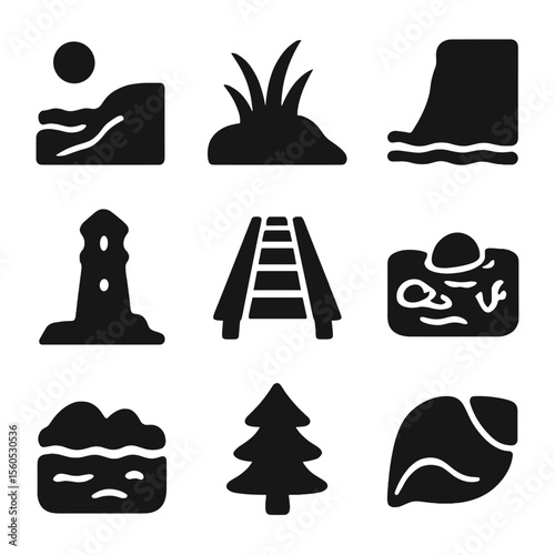 Coastal Icon Grid. Solid, Filled icon set of coastal landscapes: sandy beach, dune grass, cliff face, lighthouse, boardwalk, tide