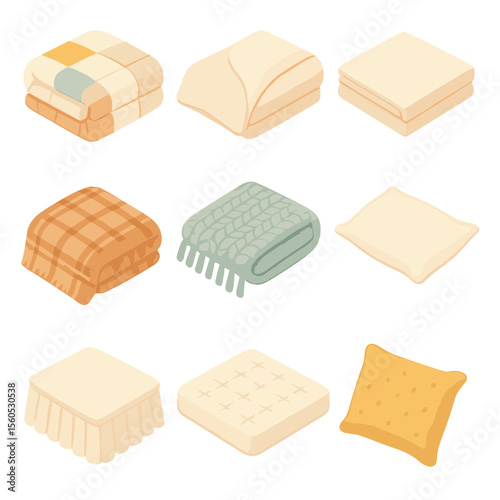 Cozy Bedding Icon Set. Isometric Flat icon set of cozy bedding textiles: quilt, duvet cover, linen sheet, flannel blanket, knitted