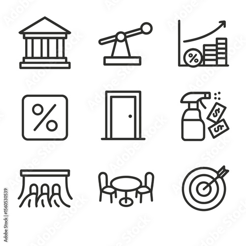 Monetary Policy Tools Icons. Outline icon set of monetary policy tools: central bank building, policy interest rate lever, open
