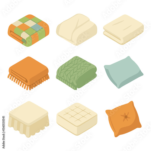 Cozy Bedding Icon Set. Isometric Flat icon set of cozy bedding textiles: quilt, duvet cover, linen sheet, flannel blanket, knitted