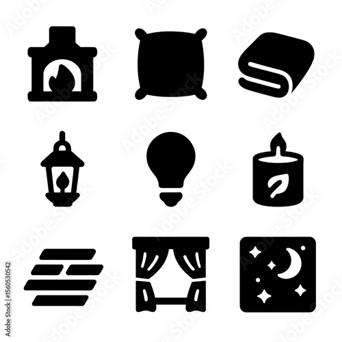 Cozy Ambiance Icons. Solid, filled icon set of cozy ambiance elements: fireplace, plush cushion, soft blanket, hanging lantern,