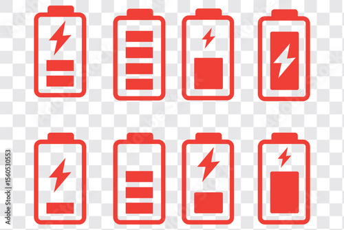 battery icons showing various charge levels and charging states. Perfect for mobile apps, UI design, tech dashboards, and energy related infographics.