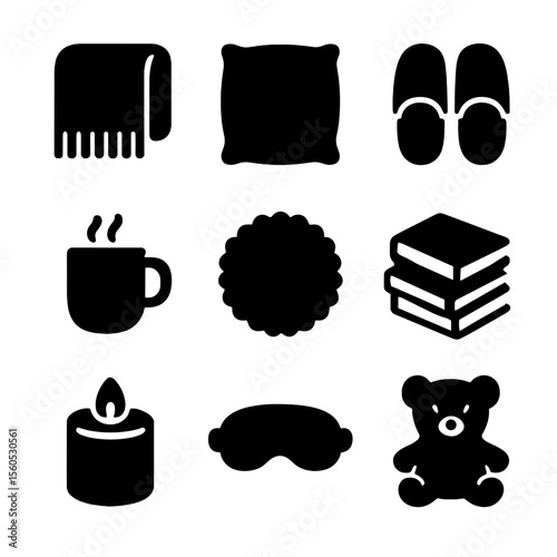 Cozy Comfort Icons. Solid, filled icon set of nook comfort items: throw blanket, pillow, slippers, hot beverage, soft rug, book