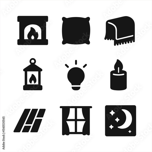 Cozy Ambiance Icons. Solid, filled icon set of cozy ambiance elements: fireplace, plush cushion, soft blanket, hanging lantern,