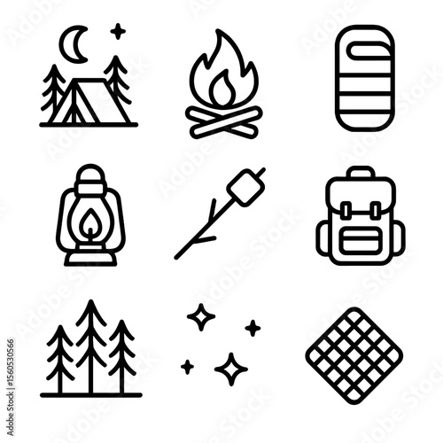 Moonlit Camping Icons. Outline icon set of moonlit camping scene: tent under moon, campfire flicker, sleeping bag, lantern glow,