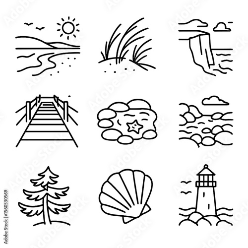 Coastal Landscape Icons. Outline icon set of coastal landscapes: sandy beach, dune grass, cliff face, lighthouse, boardwalk, tide