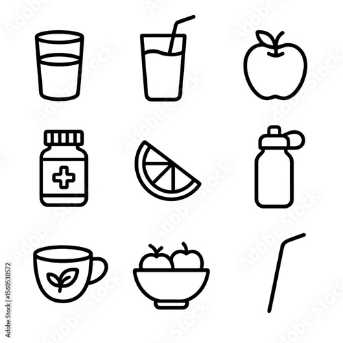 Morning Hydration Icons. Outline icon set of morning hydration and healthy habits: water glass, green smoothie, apple, vitamin