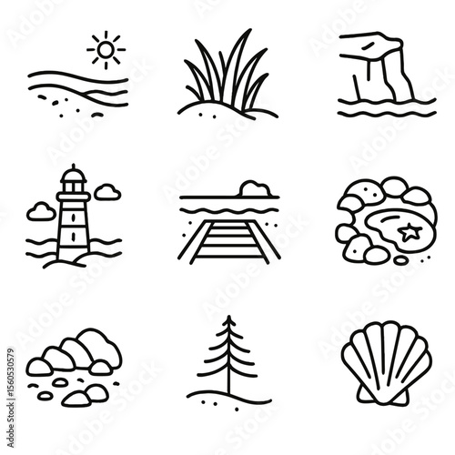 Coastal Landscape Icons. Outline icon set of coastal landscapes: sandy beach, dune grass, cliff face, lighthouse, boardwalk, tide