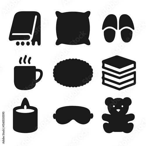 Cozy Comfort Icons. Solid, filled icon set of nook comfort items: throw blanket, pillow, slippers, hot beverage, soft rug, book