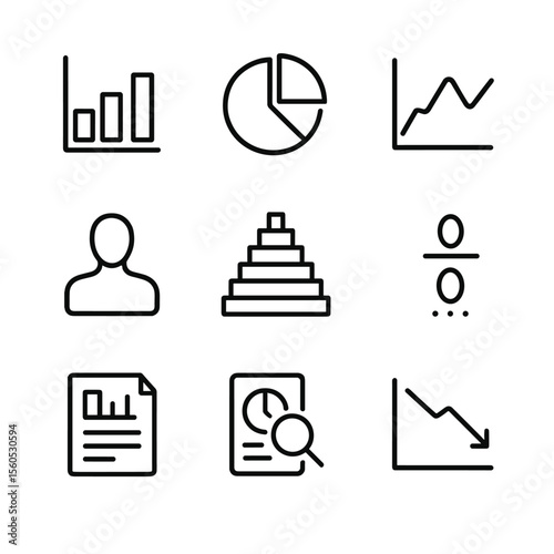Mortality Statistics Icons. Outline icon set of mortality statistics: bar chart, pie chart, line graph, demographic silhouette,