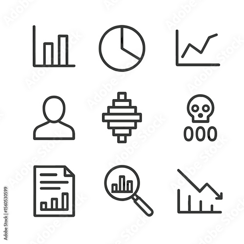 Mortality Statistics Icons. Outline icon set of mortality statistics: bar chart, pie chart, line graph, demographic silhouette,