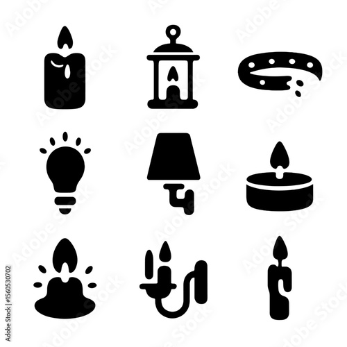 Cozy Lighting Icons. Solid, filled icon set of cozy lighting elements: pillar candle, hanging lantern, LED strip, dim light bulb,